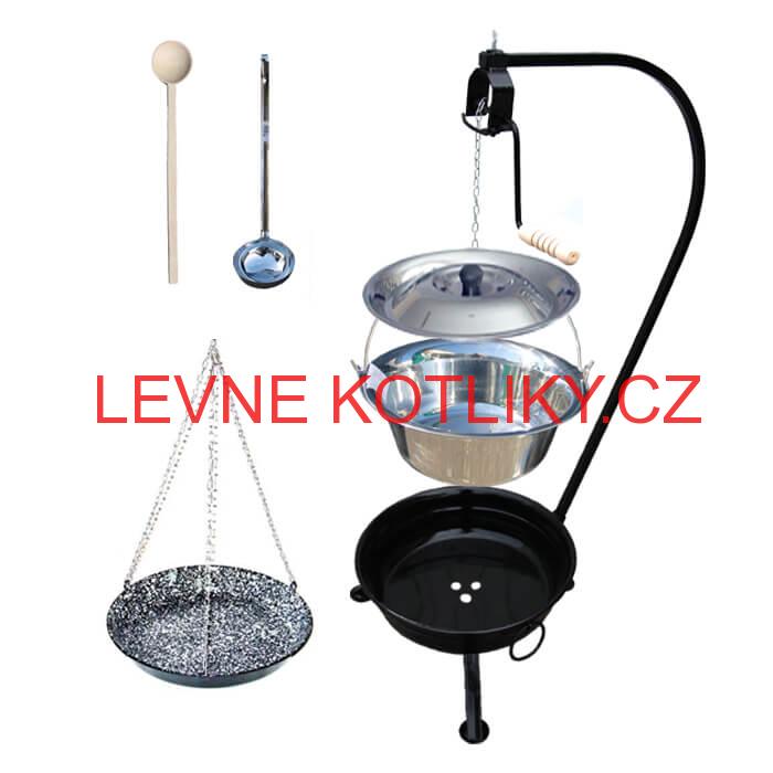 Nerezový kotlík 15 L (1,2 mm) INOX + smaltovaná pánev + ohniště se stojanem as pojistnou kladkou VAR