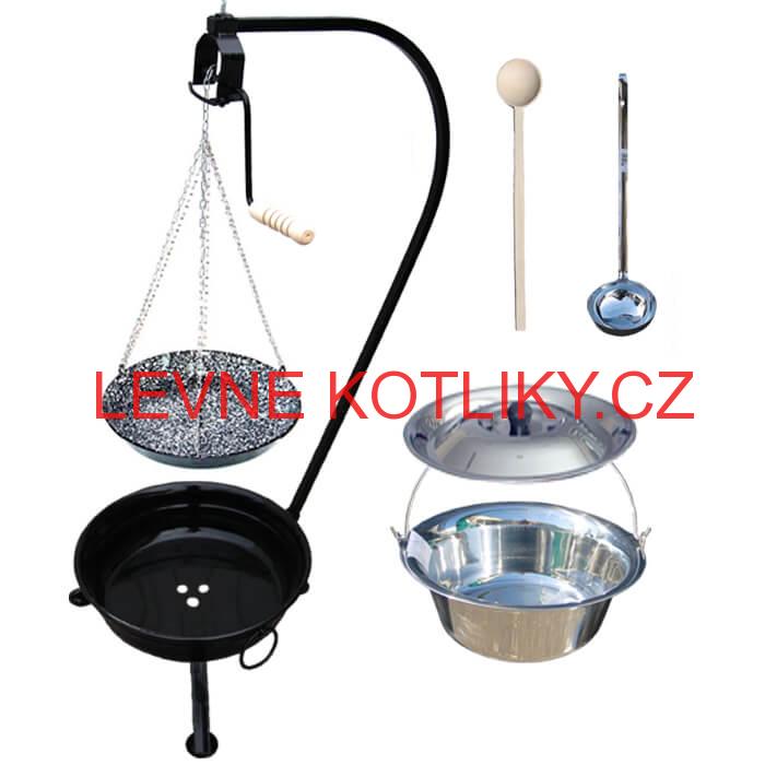 Nerezový kotlík 15 L (1,2 mm) INOX + smaltovaná pánev + ohniště se stojanem as pojistnou kladkou VAR