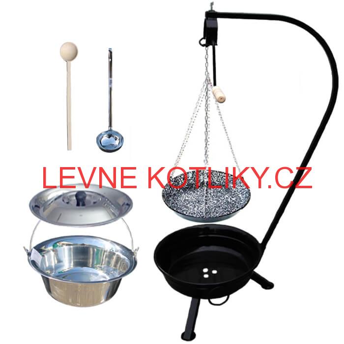 Nerezový kotlík 15 L (1,2 mm) INOX + smaltovaná pánev + ohniště se stojanem as pojistnou kladkou VAR