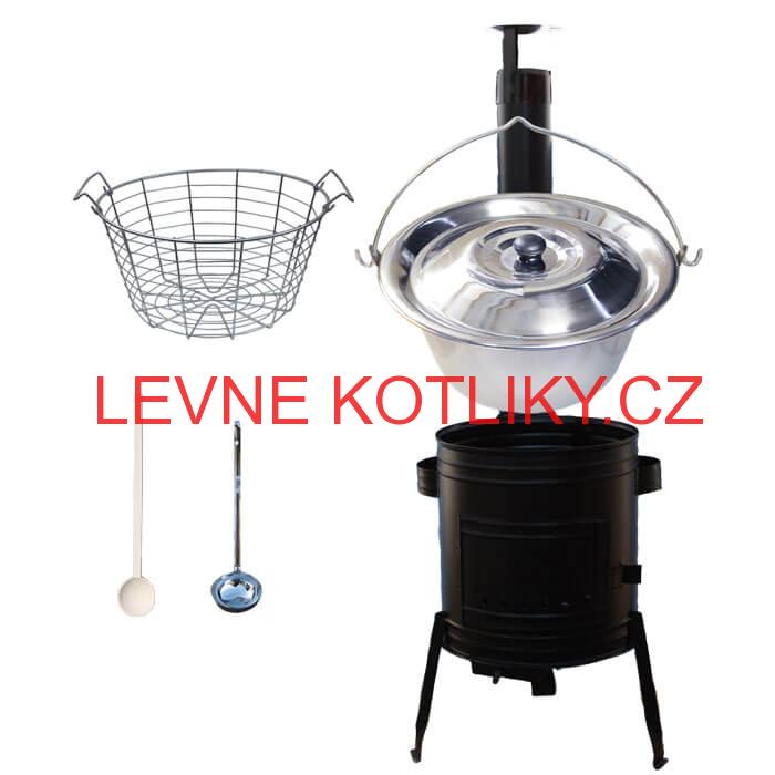 Nerezový kotlík 20 L (0,8 mm) + drátěný koš + smaltovaná kotlina 42 Easy party (SMALT)