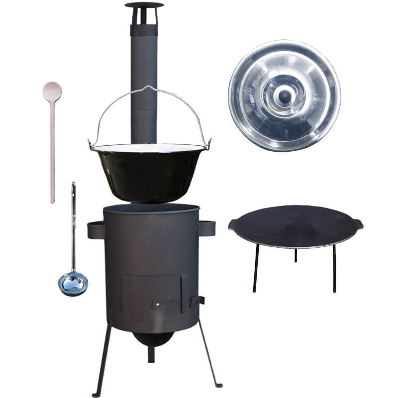 Smaltovaný kotlík 20 L + litinová pánev 45 cm + žáruvzdorná kotlina, zesílený rošt 4 mm 42 cm PLUS 600