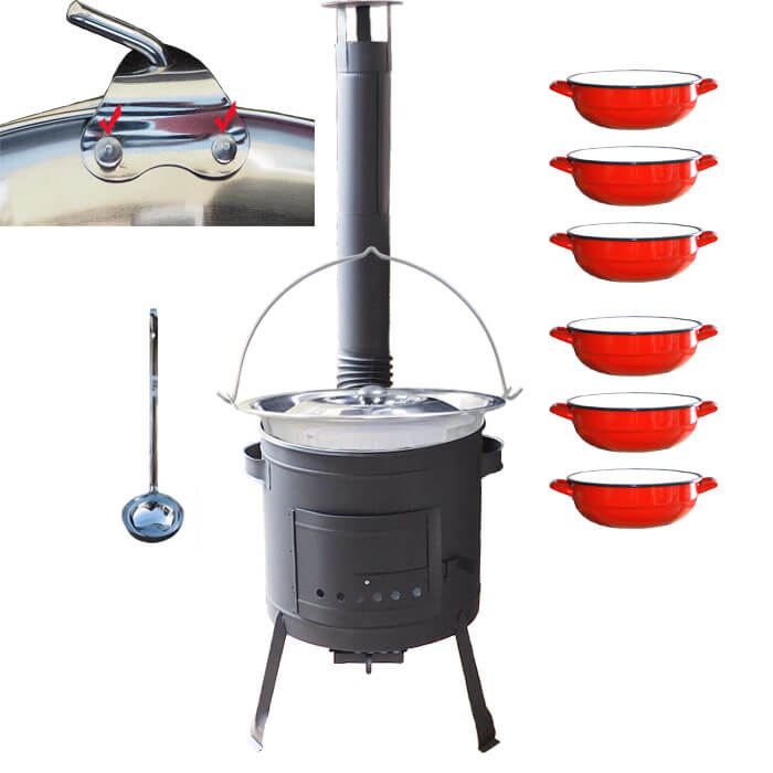 Nerezový kotlík 15 L (0,8 mm) s nýty INOX + selské misky 6 ks + nízká žáruvzdorná kotlina 36 cm PLUS 600