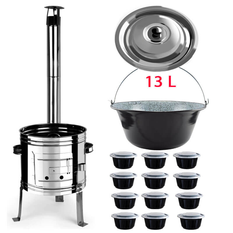 Smaltovaný kotlík 13 L + nerezová kotlina 36 INOX + misky 12 ks