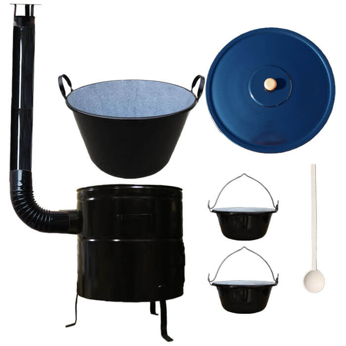 Zabijačkový smaltovaný kotel 80 L + kovová kotlina 58 cm + 2 servírovací kotlíky a kouřovod