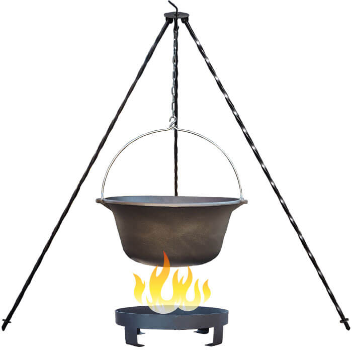 Litinový kotlík 10,8 L + trojnožka 1,2 m + ohniště 36 cm