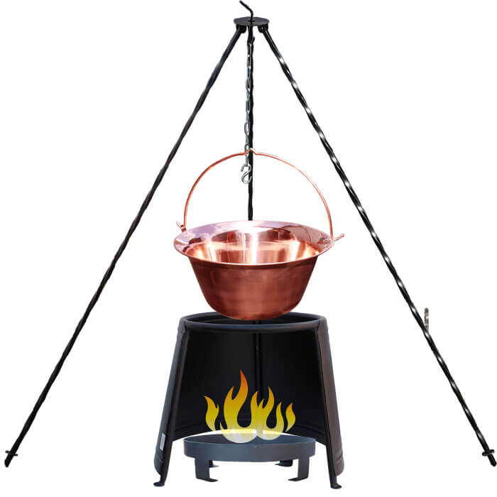 Měděný kotlík 6 L (1,2 mm) + chránič plamene 32 cm + ohniště 36 cm + trojnožka 1,2 m