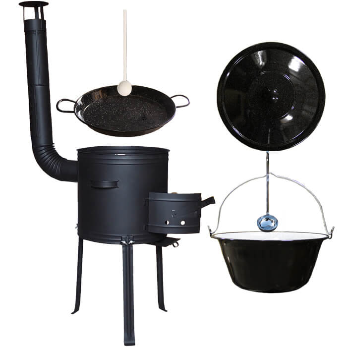 Smaltovaný kotlík 13 L (1,2 mm) + Paella pánev 38 cm + kotlina s vysokými nožičkami 36 cm, žáruvzdorná barva Plus 700