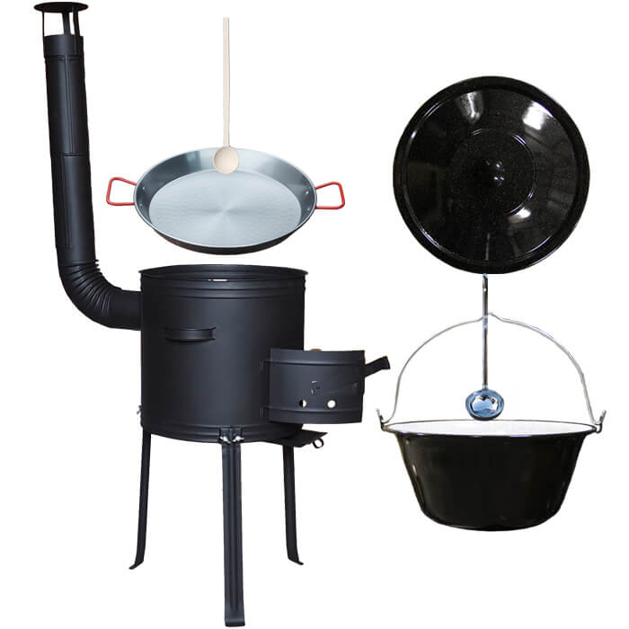 Smaltovaný kotlík 13 L (1,2 mm) + Paella pánev 38 cm + kotlina s vysokými nožičkami 36 cm, žáruvzdorná barva Plus 700