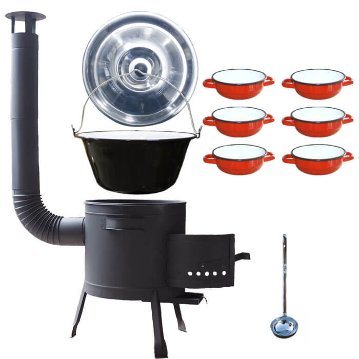 Nerezový kotlík 15 L (0,8 mm) s nýty INOX + selské misky 6 ks + nízká žáruvzdorná kotlina 36 cm PLUS 600