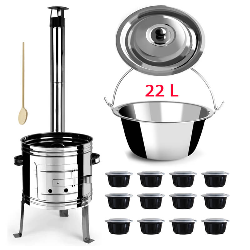 Nerezový kotlík 22 L (0,8 mm) + nerezová kotlina 42 INOX + vařečka + misky 12 ks