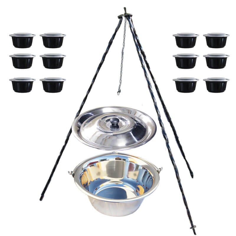 Nerezový kotlík 14 L (0,8 mm) INOX poklice + trojnožka 1,20 m + misky 12 ks