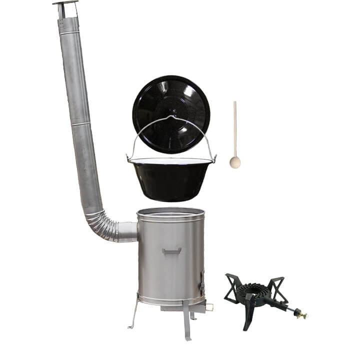 Smaltovaný kotlík 13 L (1,2 mm) + nerezová kotlina 36 cm + litinový hořák 7 kW, vařečka LUX