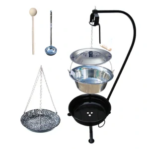 Nerezový kotlík 14 L (0,8 mm) INOX + smaltovaná pánev + ohniště se stojanem as pojistnou kladkou VAR