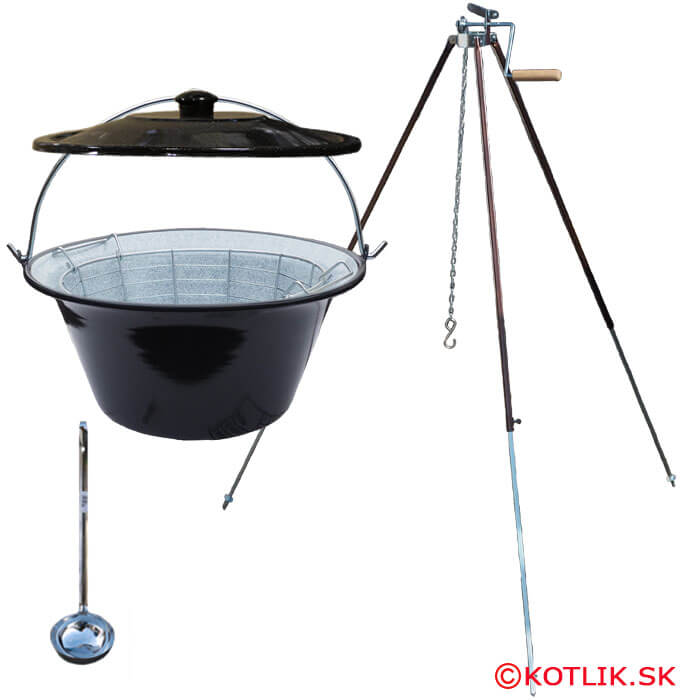 Smaltovaný kotlík 30 L (1,2 mm) + drátěný koš + stojan s kladkou VAR