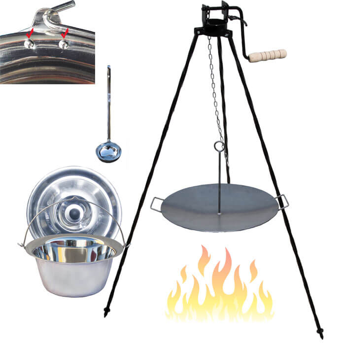 Nerezový kotlík 20 L (0,8 mm) s nýty + pánev na grilování a stojan s kladkou VAR