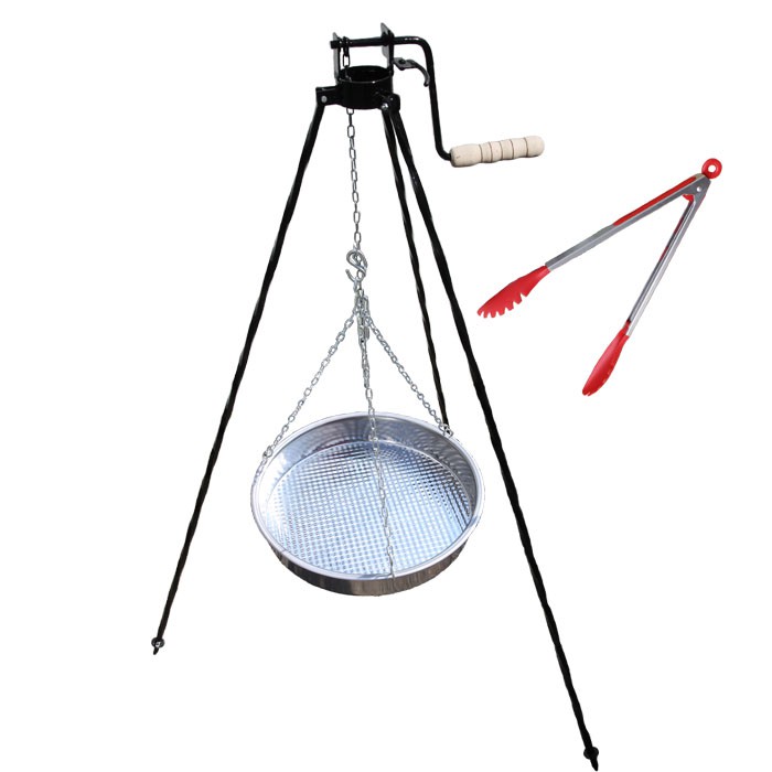 Nerezová pánev s řetízkem 49 cm + trojnožka s pojistnou kladkou a obracečka na maso GRILL PARTY 3