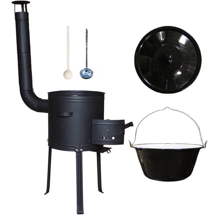 Smaltovaný kotlík 25 L (1,2 mm) + kovová kotlina s vysokými nožičkami 42 cm + vařečka a naběračka