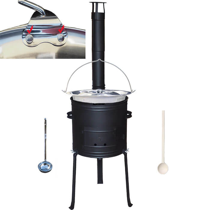 Nerezový kotlík 20 L (0,8 mm) zesílený s nýty + kovová kotlina s vysokými nožičkami 42 cm, žáruvzdorná barva Plus 700 + vařečka a naběračka