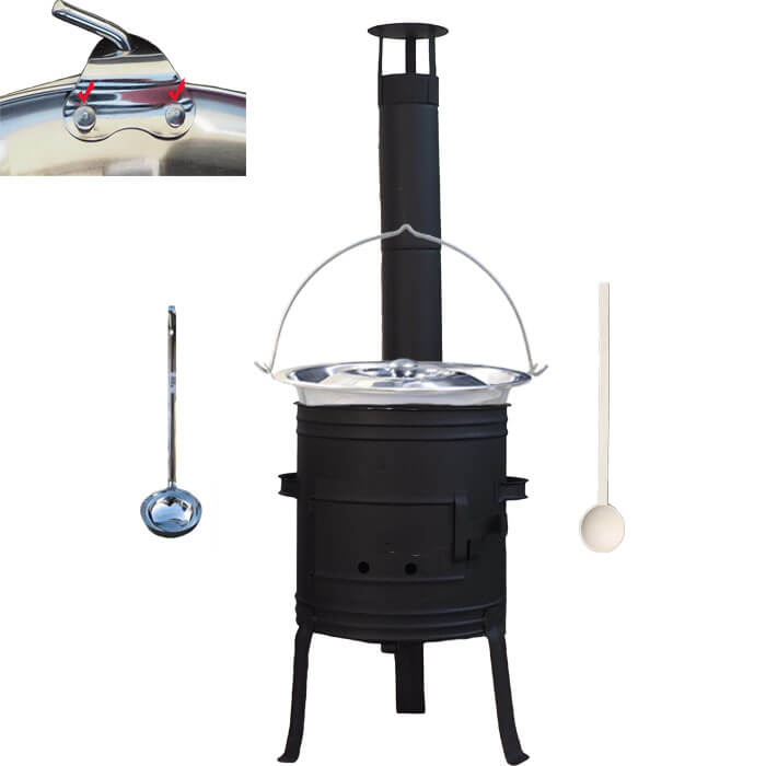Nerezový kotlík 10 L (0,8 mm) s nýty + nízká žáruvzdorná kotlina 33 cm PLUS 700 + vařečka a naběračka