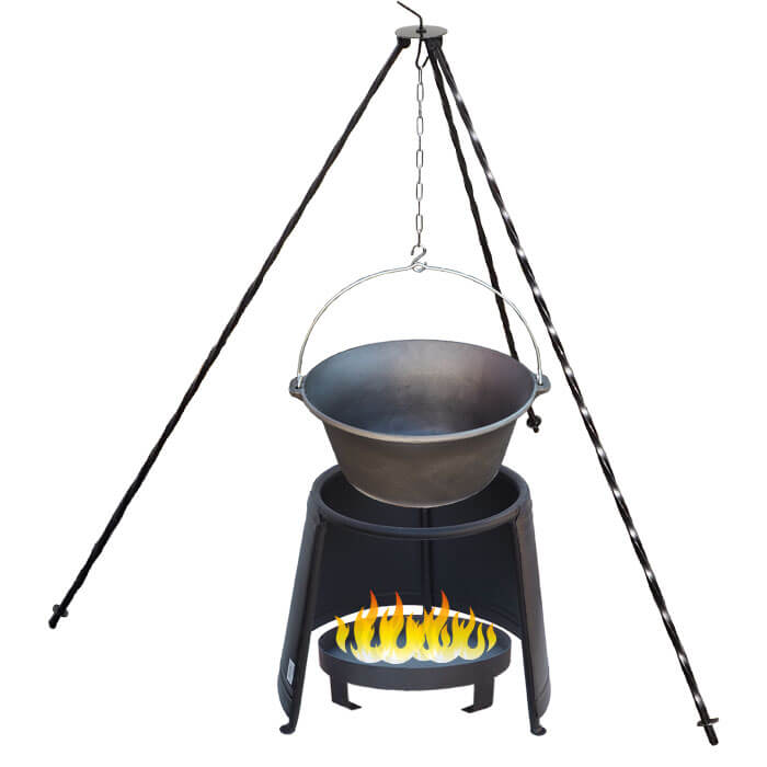 Litinový kotlík 7,2 L + chránič plamene 32 cm + ohniště 36 cm + trojnožka 1,2 m