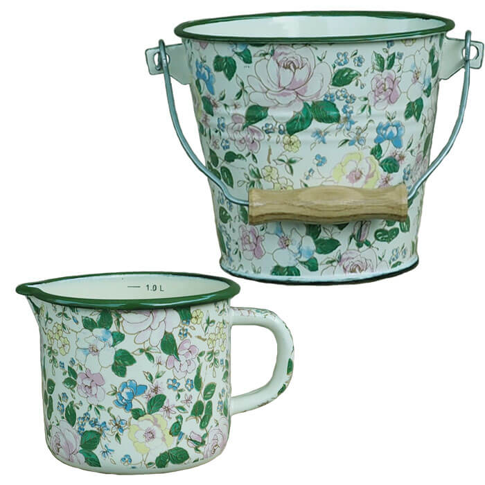 Smaltovaný hrnek s výlevkou 1 L + vědro 1 L DECOR