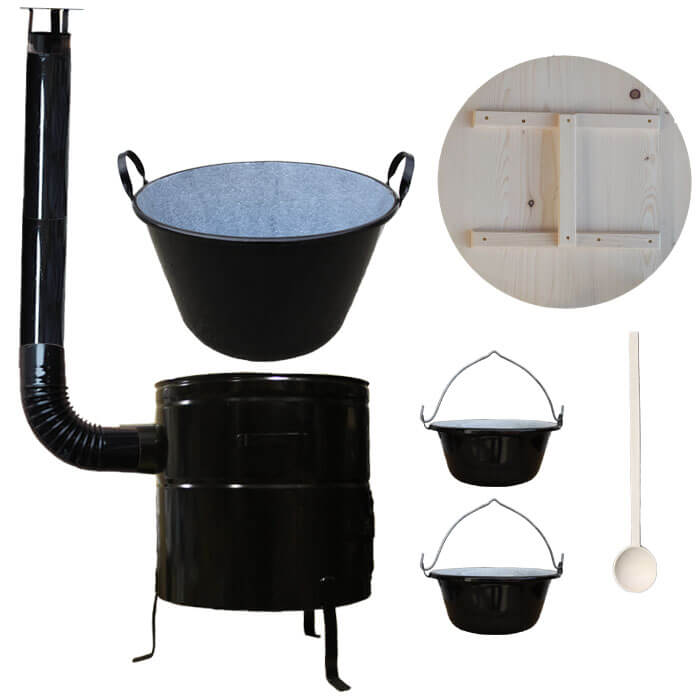 Zabijačkový smaltovaný kotel 100 L + kovová kotlina 58 cm + 2 servírovací kotlíky a kouřovod