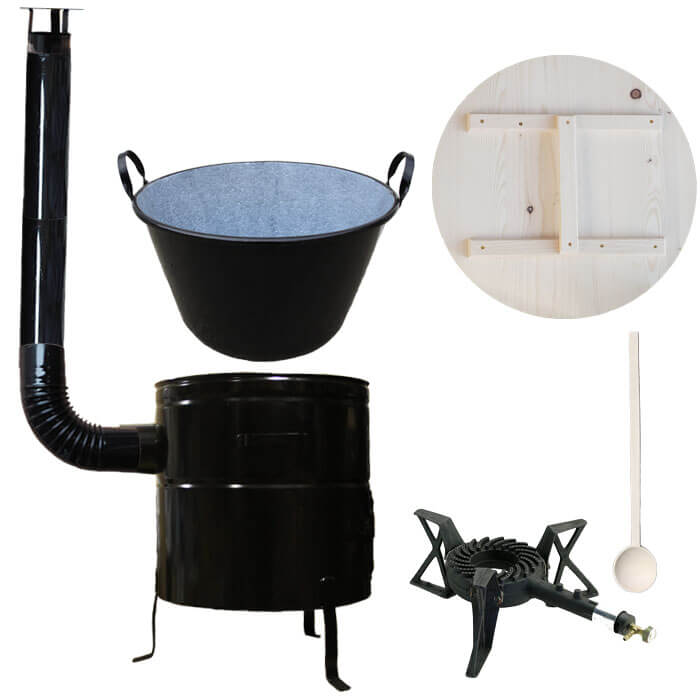 Zabijačkový smaltovaný kotel 100 L + kovová kotlina 60 cm + hořák 7 kW a  kouřovod