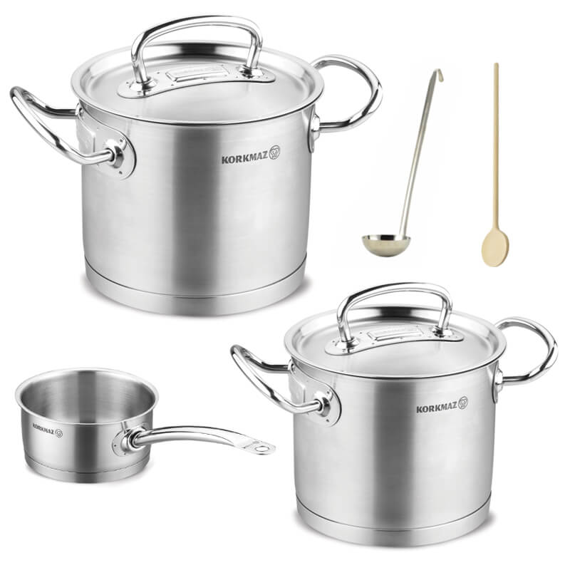 Sada nerezových hrnců s poklicí + rendlík 2 + 1 ks 5 L, 9 L, 1,5 L