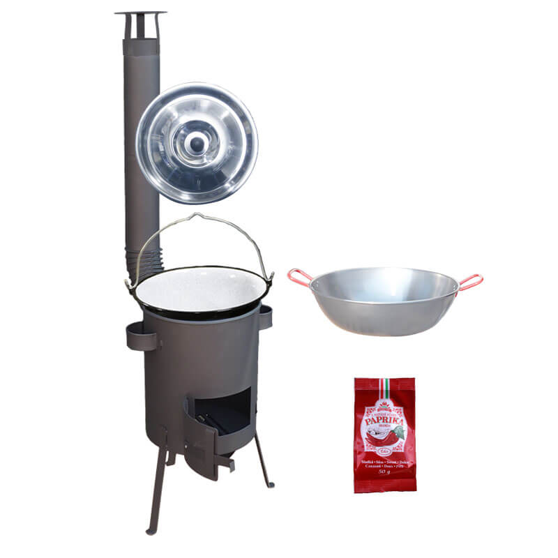 Smaltovaný kotlík 22 L + Pánev PAELLA (WOK) 45 cm + sladká paprika 50 g + žáruvzdorná kotlina 42 PLUS 600 s roštem na popel 4 mm