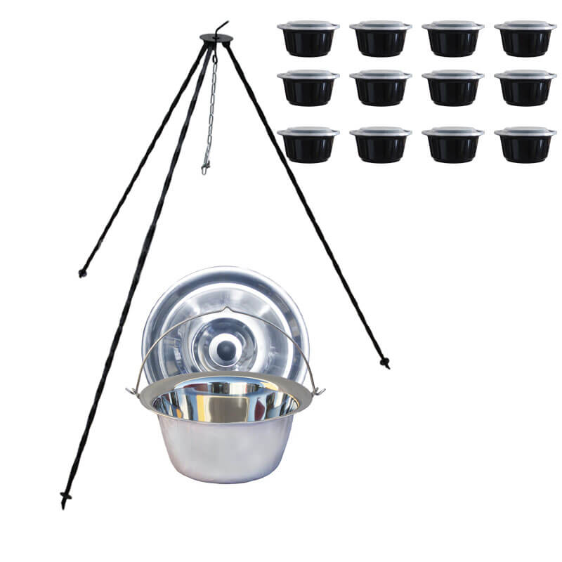 Nerezový kotlík 10 L (0,8 mm) INOX + poklice + trojnožka 1,20 m + misky 12 ks