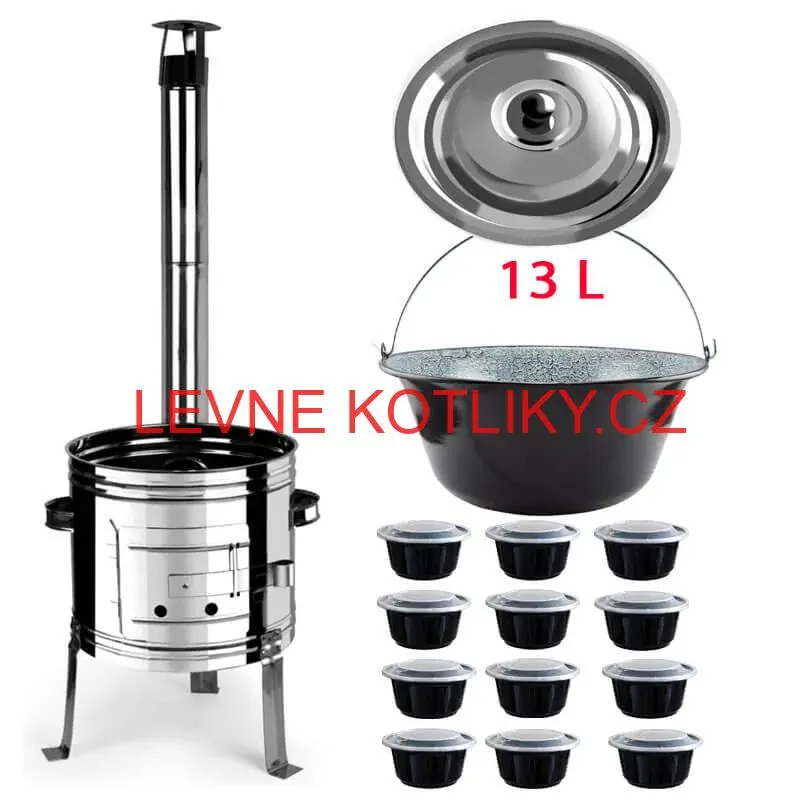 Smaltovaný kotlík 13 L + nerezová kotlina 36 INOX + misky 12 ks