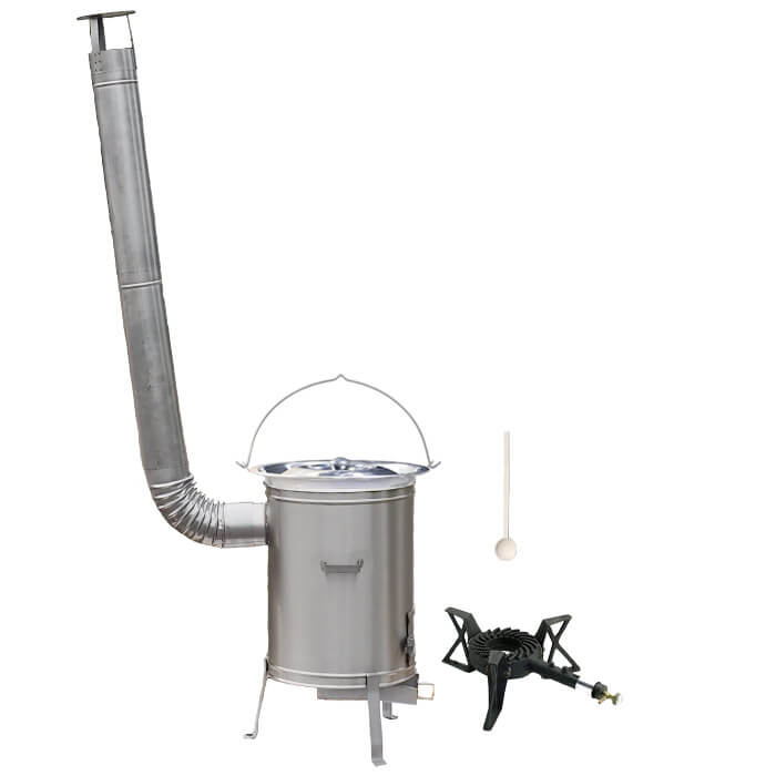 Nerezový kotlík 20 L (1,2 mm) + nerezová kotlina 42 cm + litinový hořák 7 kW, vařečka LUX