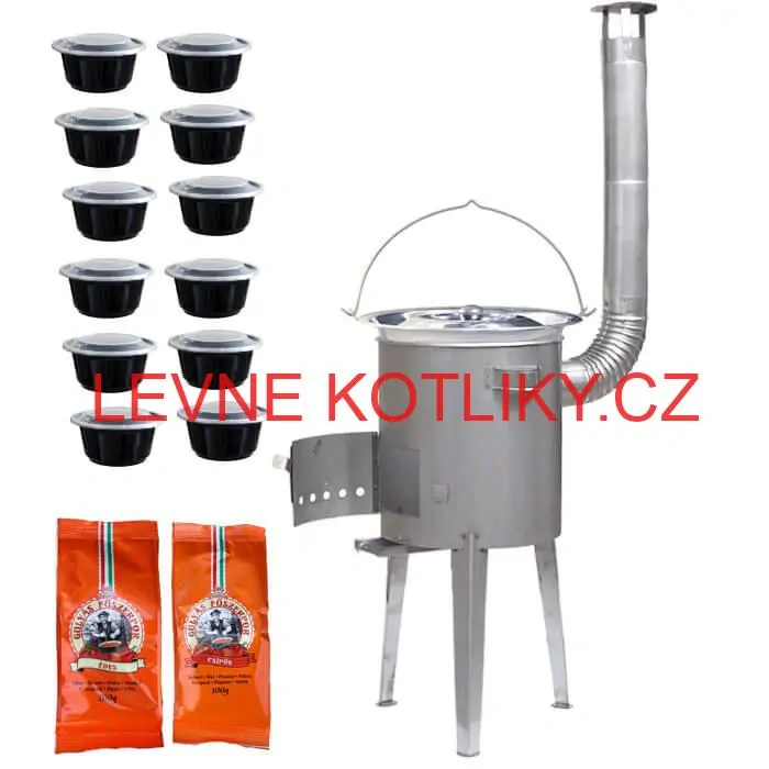 Nerezový kotlík 22 L (0,8 mm) INOX + nerezová kotlina 42 cm LUXUS + misky 12 ks + 2 x pepř na guláš 100 g