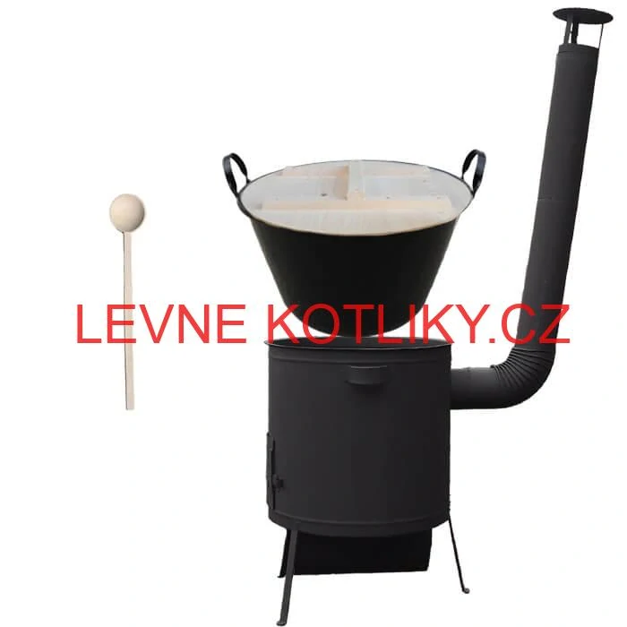 Zabijačkový smaltovaný kotel 100 L, žáruvzdorná kotlina 42 PLUS 600 4 MM, dřevěná poklice + vařečka