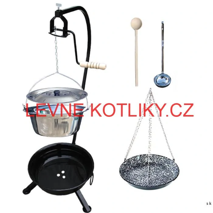 Nerezový kotlík 10 L (1,2 mm) INOX + smaltovaná pánev + ohniště se stojanem as pojistnou kladkou VAR