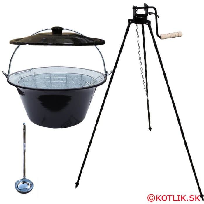 Smaltovaný kotlík 25 L (1,2 mm) + drátěný koš + stojan s kladkou VAR