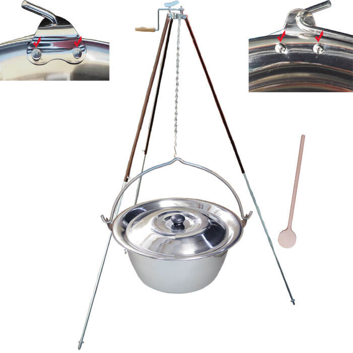 Nerezový kotlík 30 L (0,8 mm) s nýty + teleskopická trojnožka s pojistnou kladkou + poklice