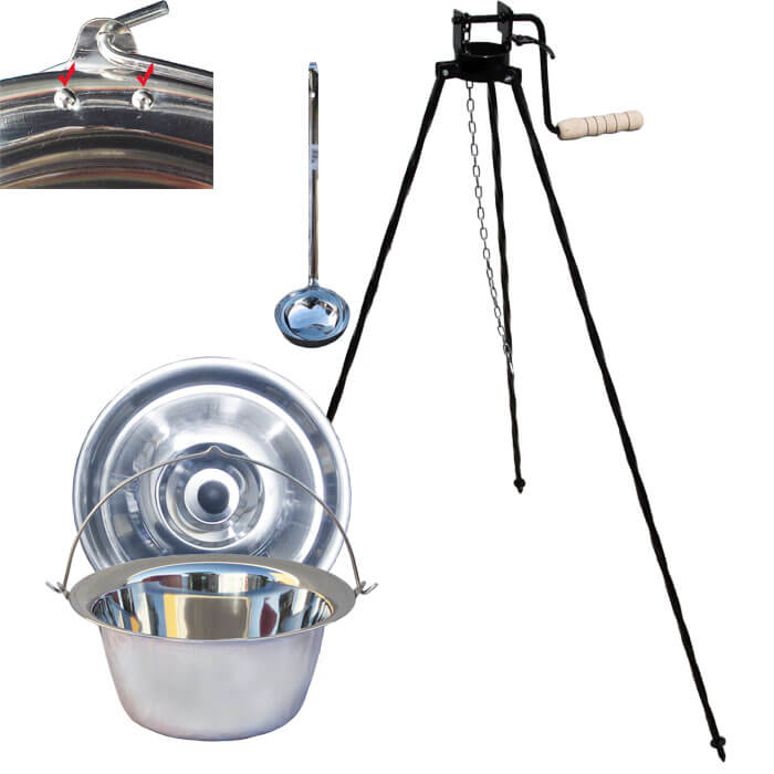 Nerezový kotlík 15 L (0,8 mm) s nýty + stojan s kladkou VAR
