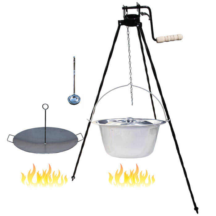 Nerezový kotlík 22 L (0,8 mm) + pánev na grilování a stojan s kladkou VAR