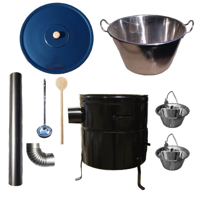 Zabijačkový nerezový kotel 70 L, kovová kotlina 56 cm, smaltovaná poklice + 2 servírovací nerezové kotlíky zdarma