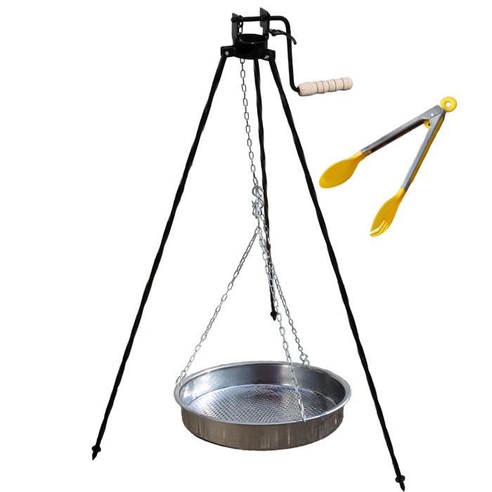 Nerezová pánev s řetízkem 49 cm + trojnožka s pojistnou kladkou a obracečka na maso GRILL PARTY 3
