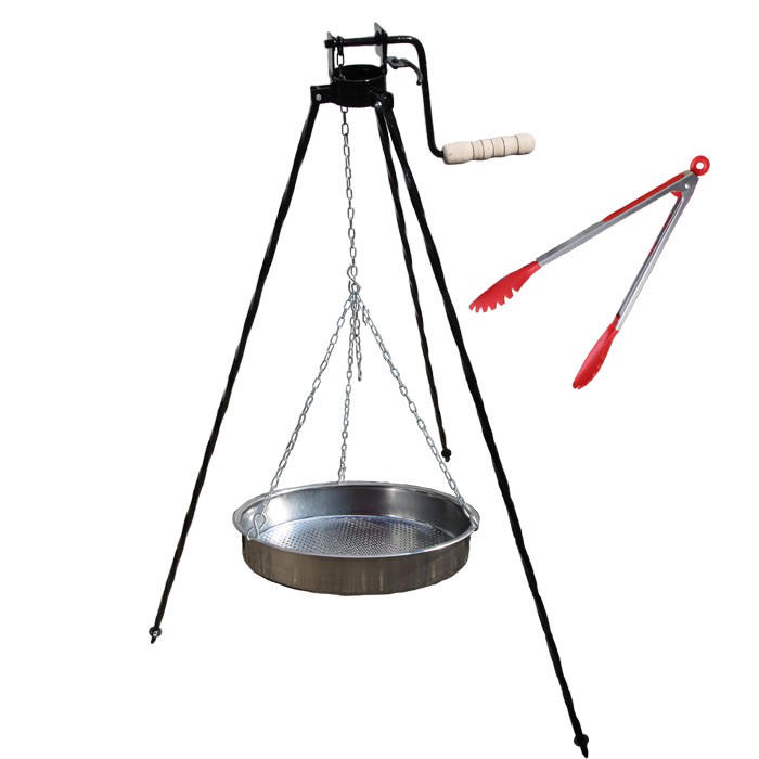 Nerezová pánev s řetízkem 42 cm + trojnožka s pojistnou kladkou a obracečka na maso GRILL PARTY 2