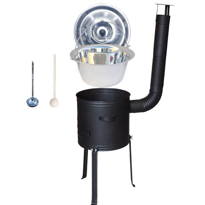 Nerezový kotlík 14 L (0,8 mm) + kovová kotlina s vysokými nožičkami 36 cm + vařečka a naběračka