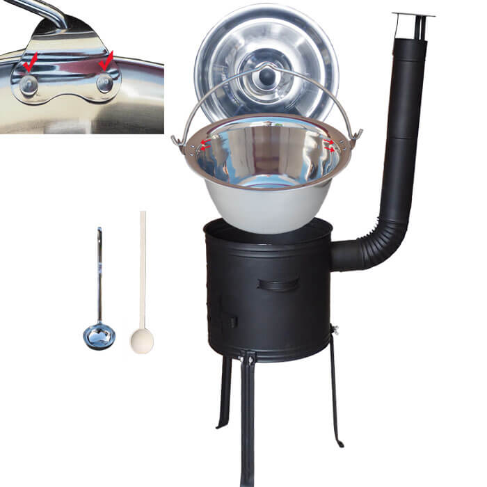 Nerezový kotlík 20 L (0,8 mm) zesílený s nýty + kovová kotlina s vysokými nožičkami 42 cm, žáruvzdorná barva Plus 700 + vařečka a naběračka