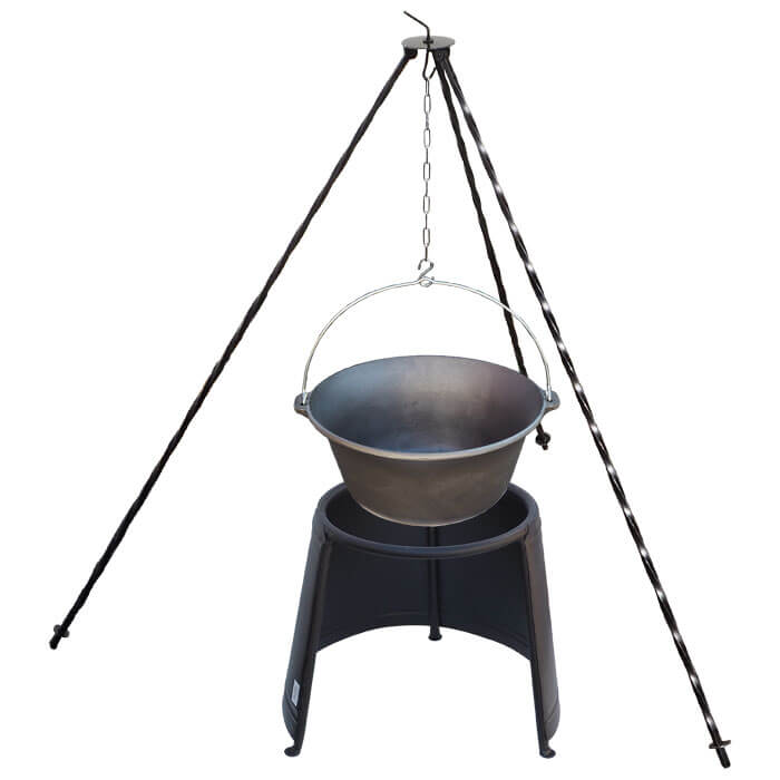 Litinový kotlík 16 L + chránič plamene 43 cm + trojnožka 1,2 m