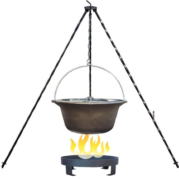 Litinový kotlík 7,2 L + nerezová poklice + trojnožka 1,2 m + ohniště 36 cm