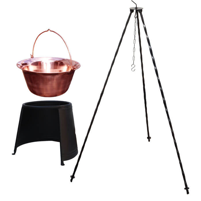Měděný kotlík 10 L (1,2 mm) + chránič plamene 37 cm + trojnožka 1,2 m