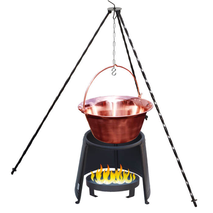 Měděný kotlík 14 L (1,2 mm) + chránič plamene 37 cm + ohniště 36 cm + trojnožka 1,2 m