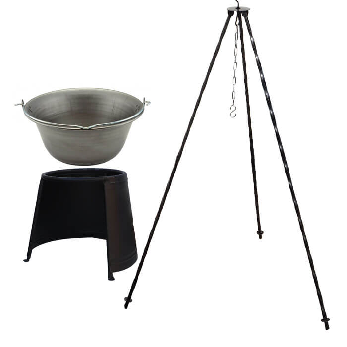 Železný kotlík 14 L (0,75 mm) + chránič plamene 37 cm + trojnožka 1,2 m