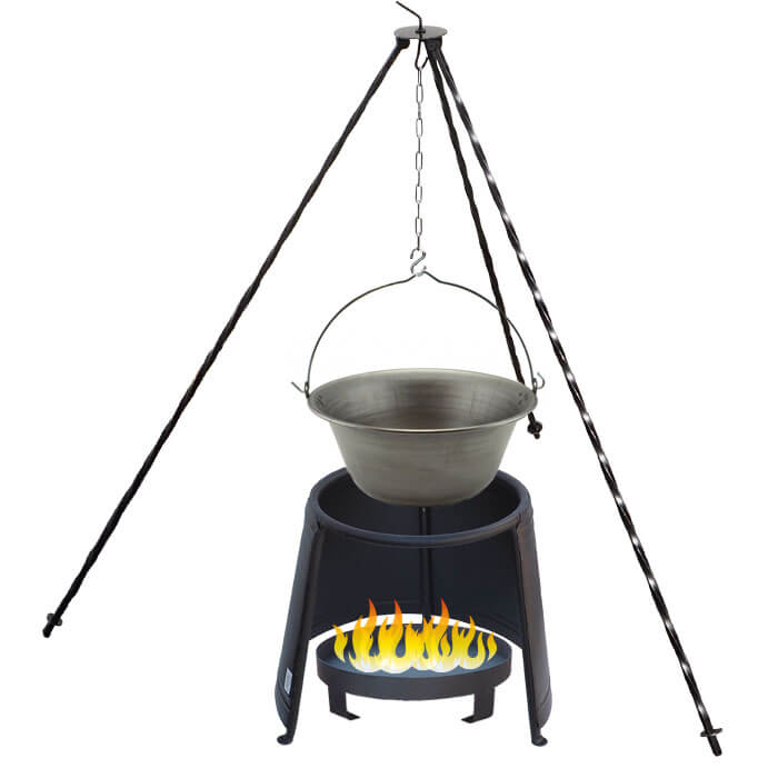 Železný kotlík 20 L (0,75 mm) + chránič plamene 43 cm + ohniště 36 cm + trojnožka 1,2 m